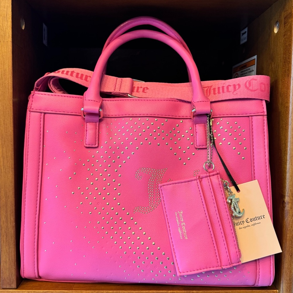 Juicy Couture Vibrant Pink Tote Crossbody w/ Card Holder Gold Stud Accents BNWT